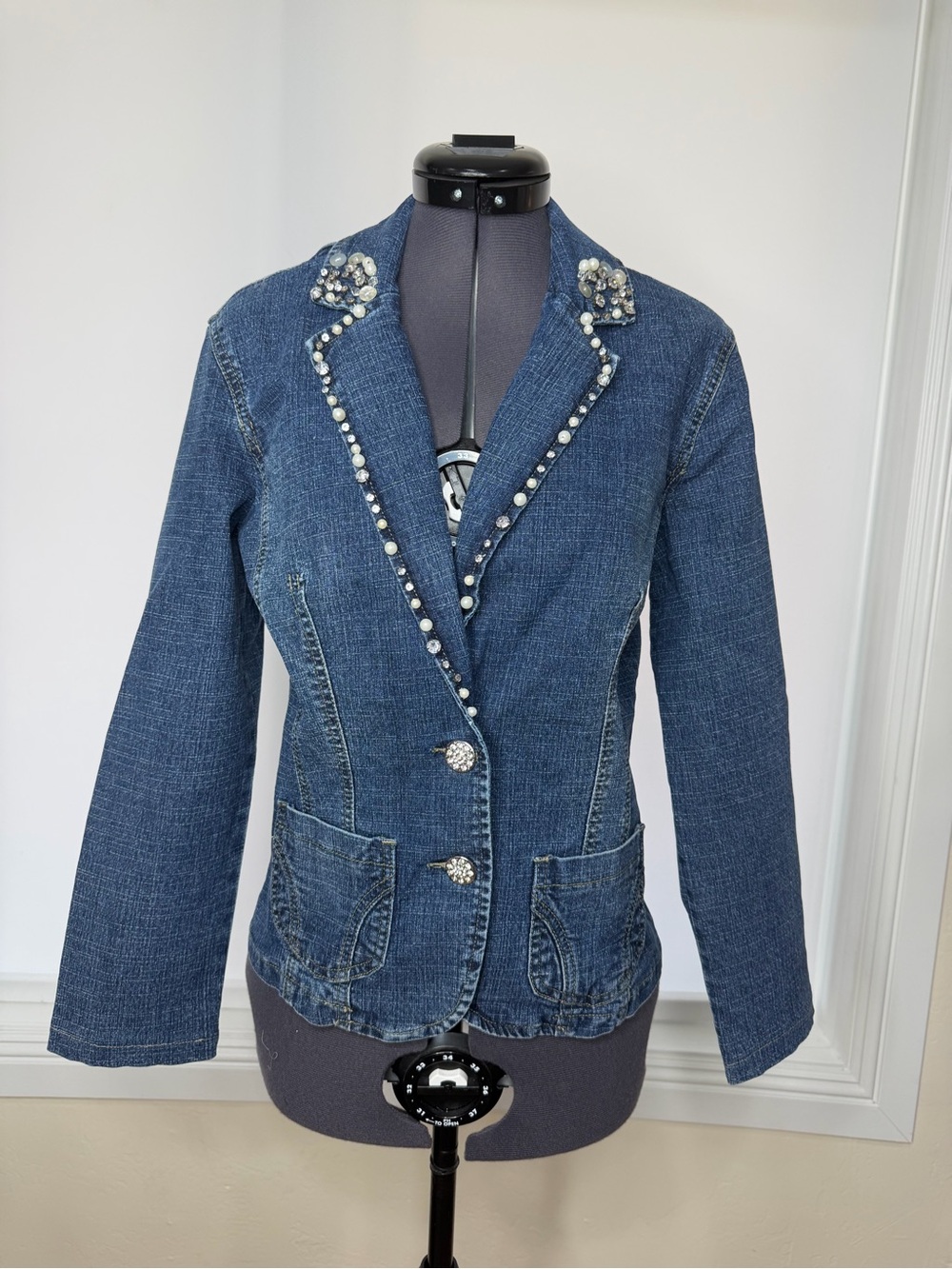 Baccini Blue Denim Jacket with Pearl & Rhinestone Trim